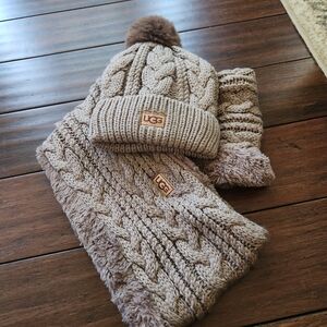 UGG Beige Cable Knit Hat and Scarf Set